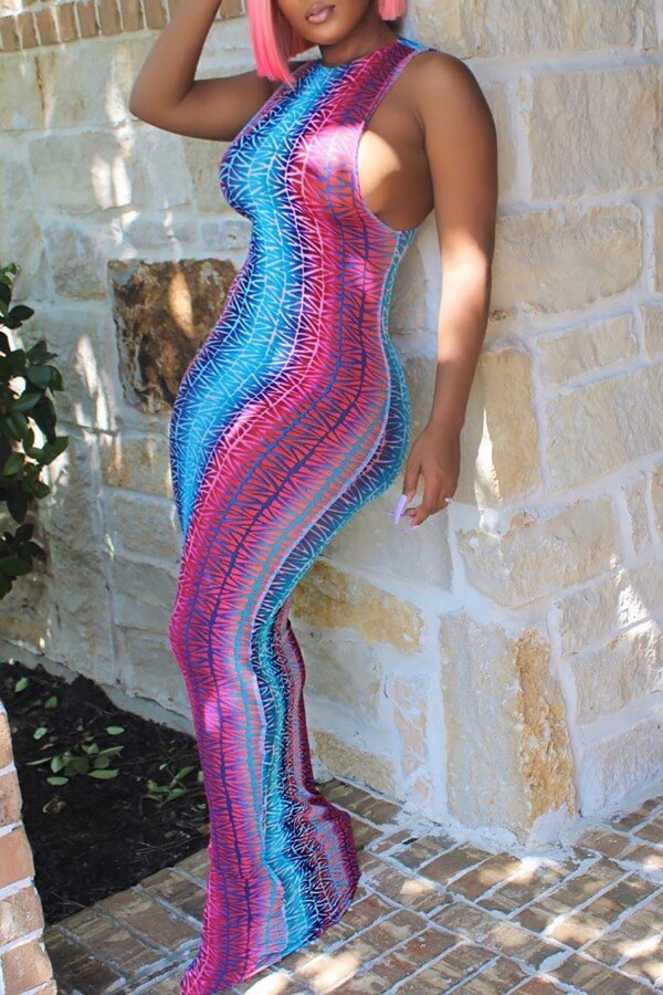 

Lovely Casual O Neck Print Multicolor Maxi Dress, Multi
