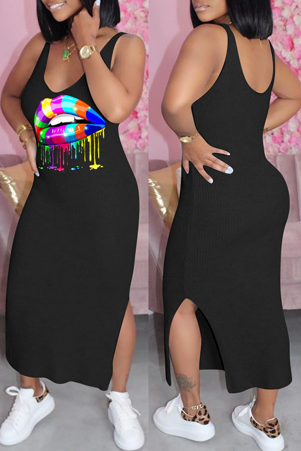

Lovely Casual Lip Print Backless Black Ankle Length Dress