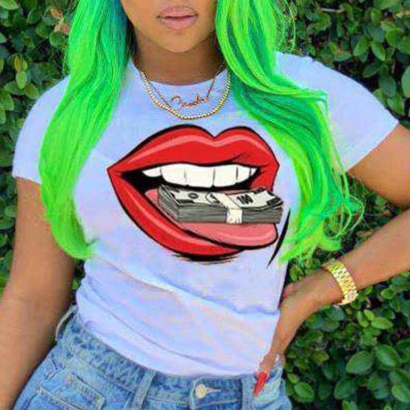 

lovely Casual Lip Print White T-shirt