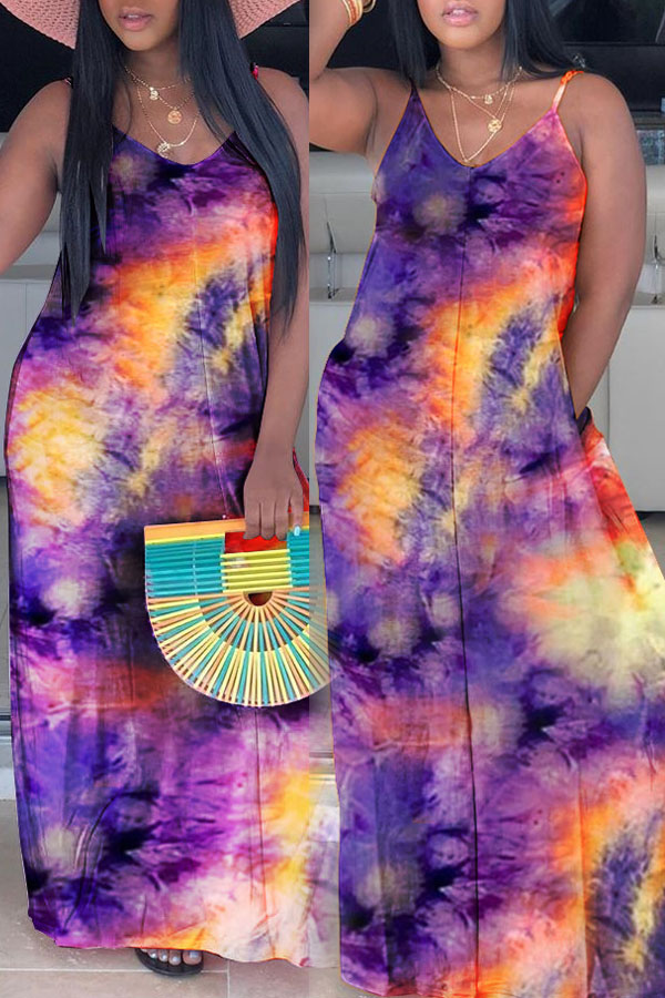 

lovely Leisure Spaghetti Strap Tie-dye Purple Maxi Dress