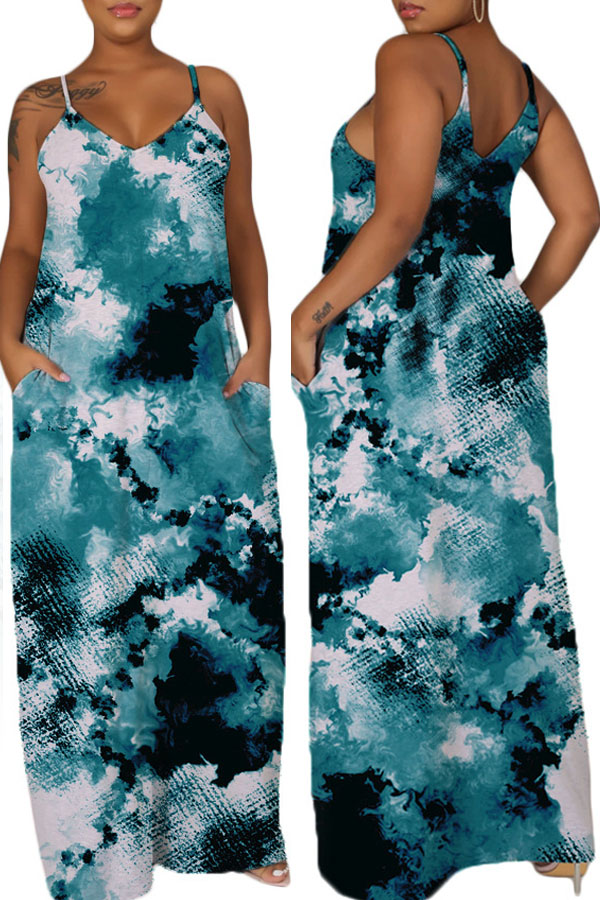 

lovely Casual Spaghetti Strap Tie-dye Black Green Maxi Dress