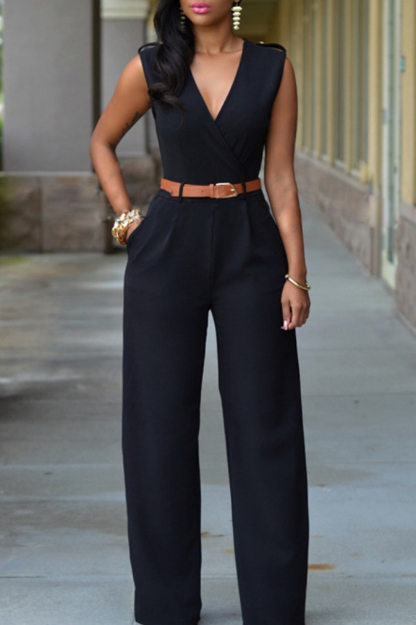 

lovely Stylish V Neck Black One-piece Jumpsuit(Without Belt