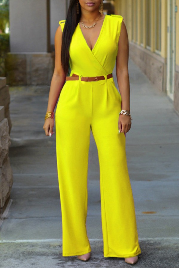 

lovely Stylish V Neck Yellow One-piece Jumpsuit(Without Belt