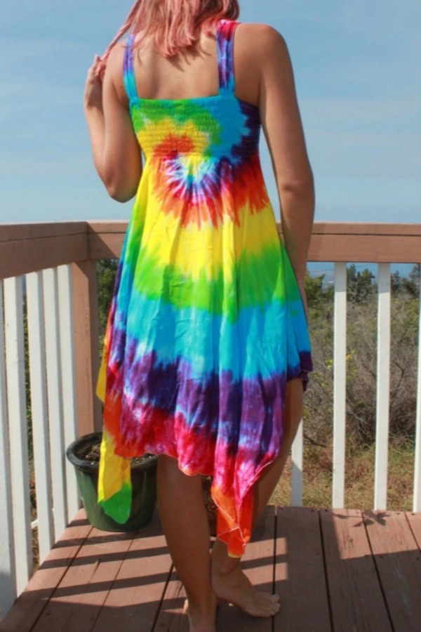 

lovely Casual Spaghetti Strap Tie-dye Asymmetrical Multicolor Mid Calf A Line Plus Size Dress, Multi