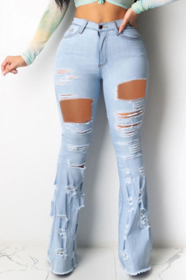 

lovely Stylish High-waisted Broken Holes Baby Blue Jeans