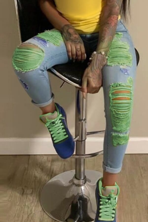 

LW Mid Waist Raw Edge Ripped Jeans, Light green