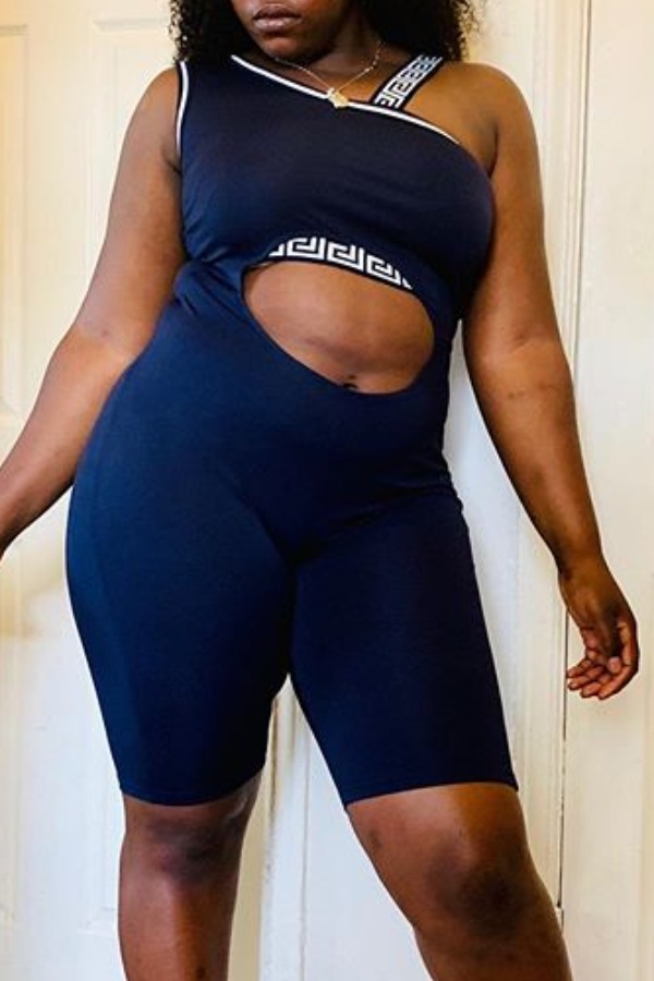 

lovely Casual Letter Print Hollow-out Black Plus Size One-piece Romper