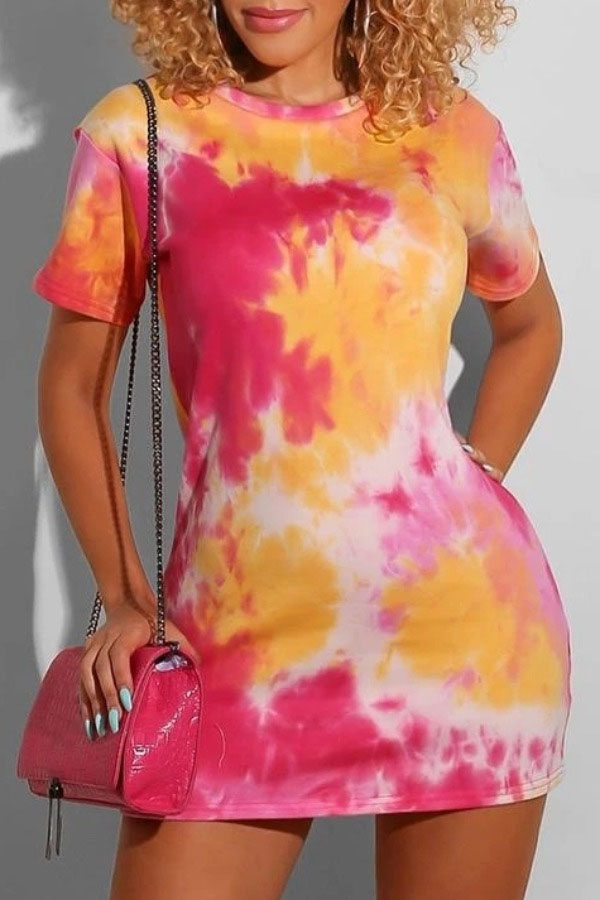 

lovely Casual Tie-dye Pink Mini Dress