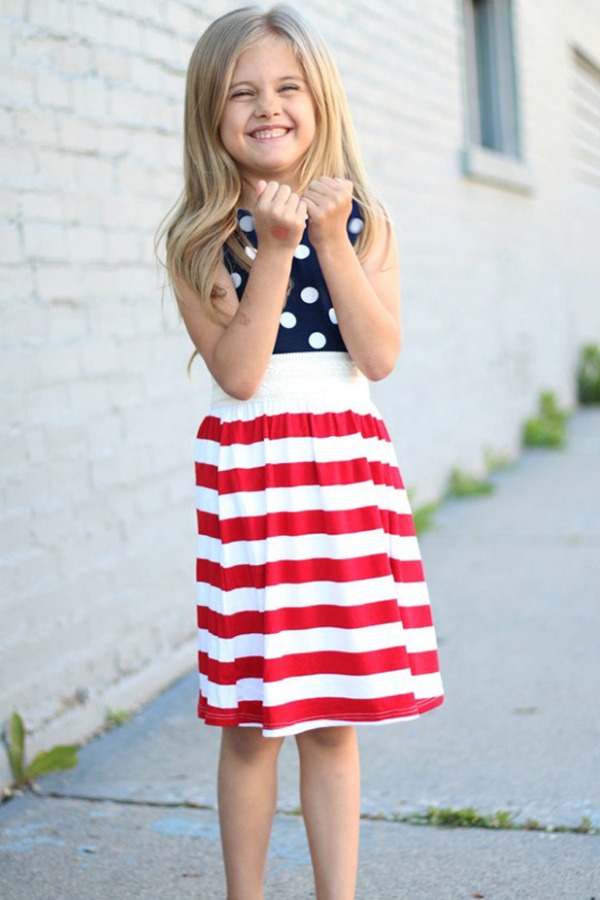 

lovely Independence Day Casual Dot Print Patchwork Red Knee Length Girl Dress