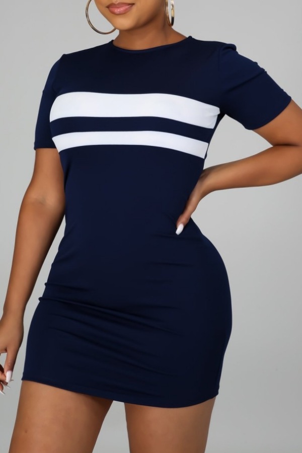 

Lovely Casual Striped Print Dark Blue Mini Dress
