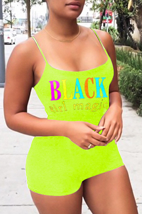 

Lovely Casual Spaghetti Strap Letter Print Green One-piece Romper