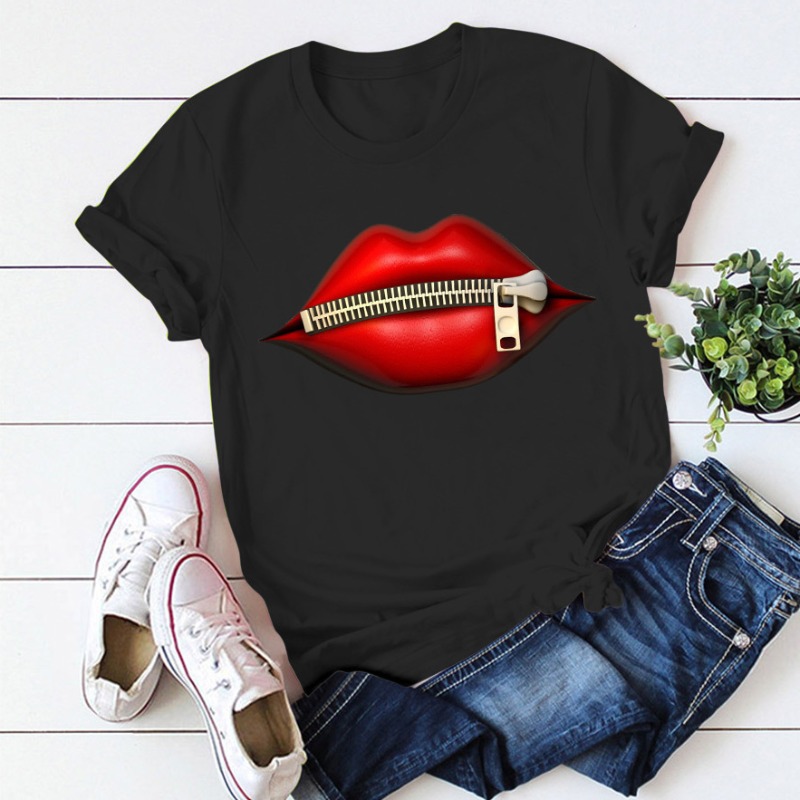 

lovely Leisure O Neck Lip Print Black T-shirt