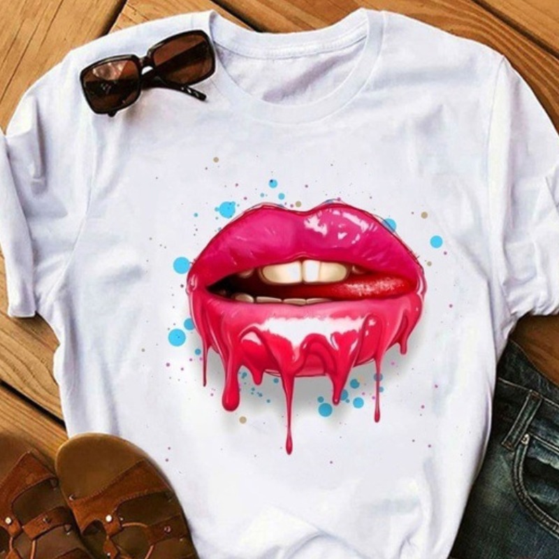 

lovely Casual O Neck Lip Print Pink T-shirt