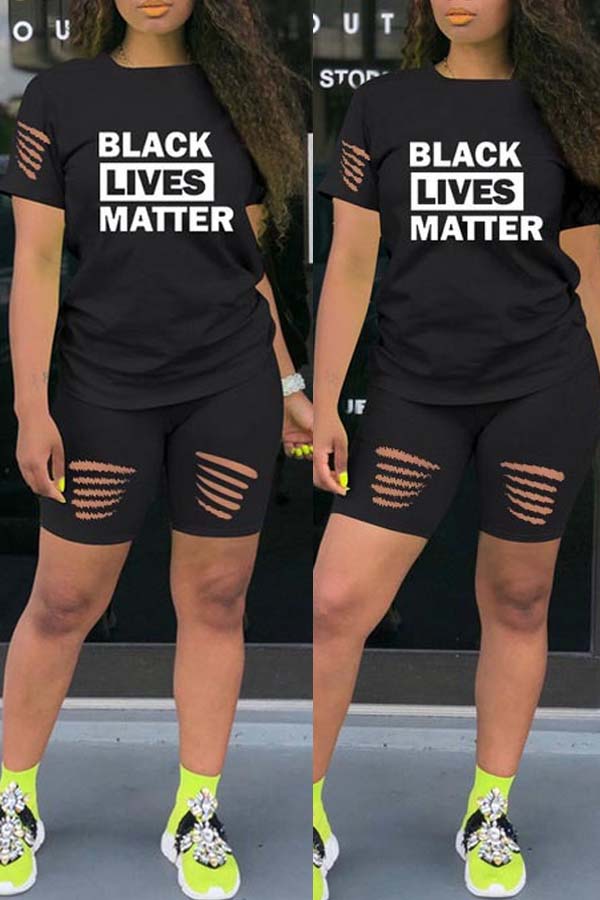 

lovely Street Letter Print Black Two-piece Shorts Set