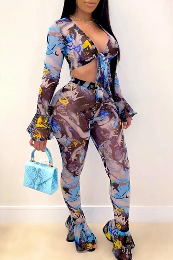 

Lovely Sexy Print Blue Two-piece Pants Set