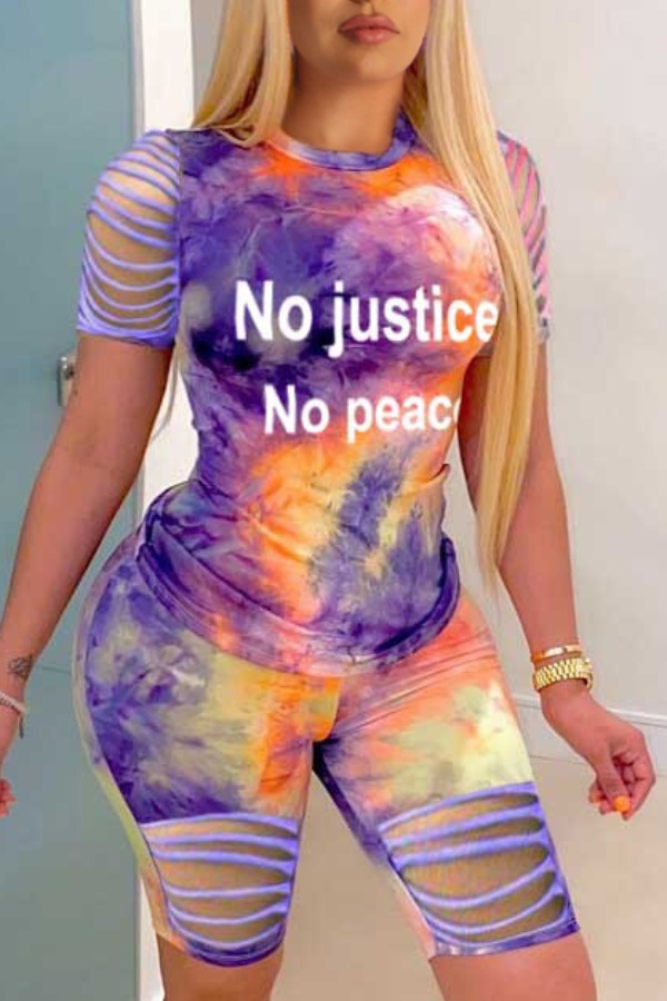 

lovely Casual Hollow-out Tie-dye Purple Two-piece Shorts Set