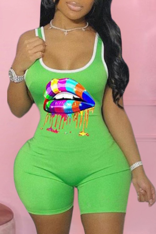 

lovely Casual Lip Print Green Plus Size One-piece Romper