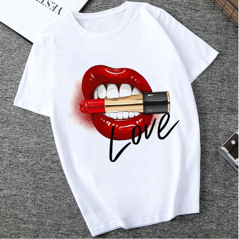 

lovely Casual O Neck Lip Print White T-shirt