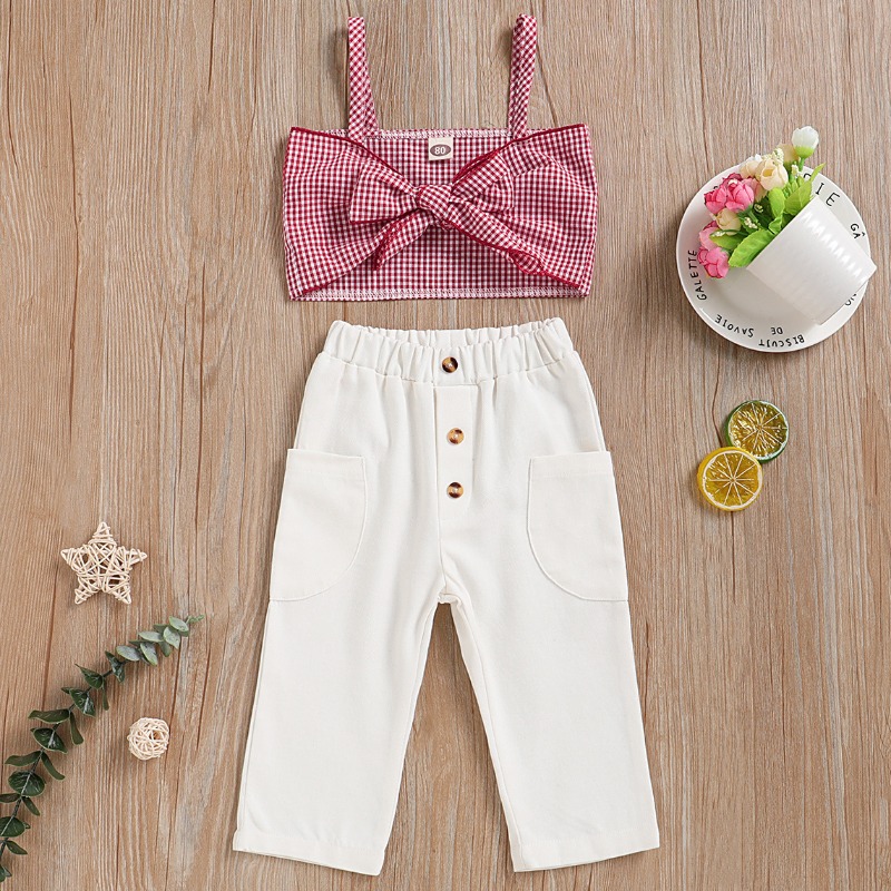 

lovely Sweet Grid Print Red Girl Two-piece Pants Set