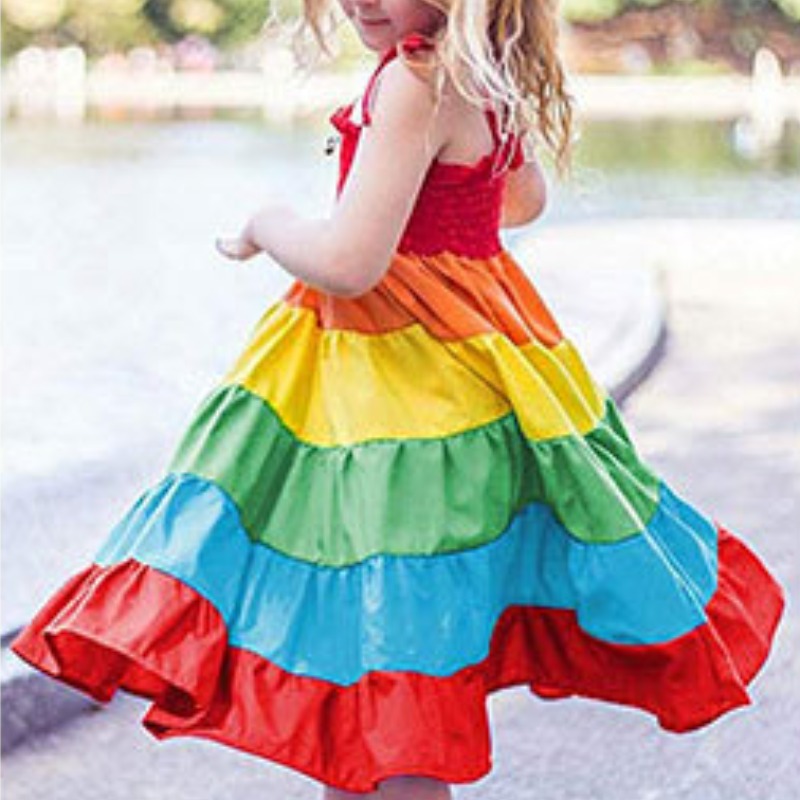 

lovely Sweet Rainbow Striped Multicolor Girl Knee Length Dress, Multi