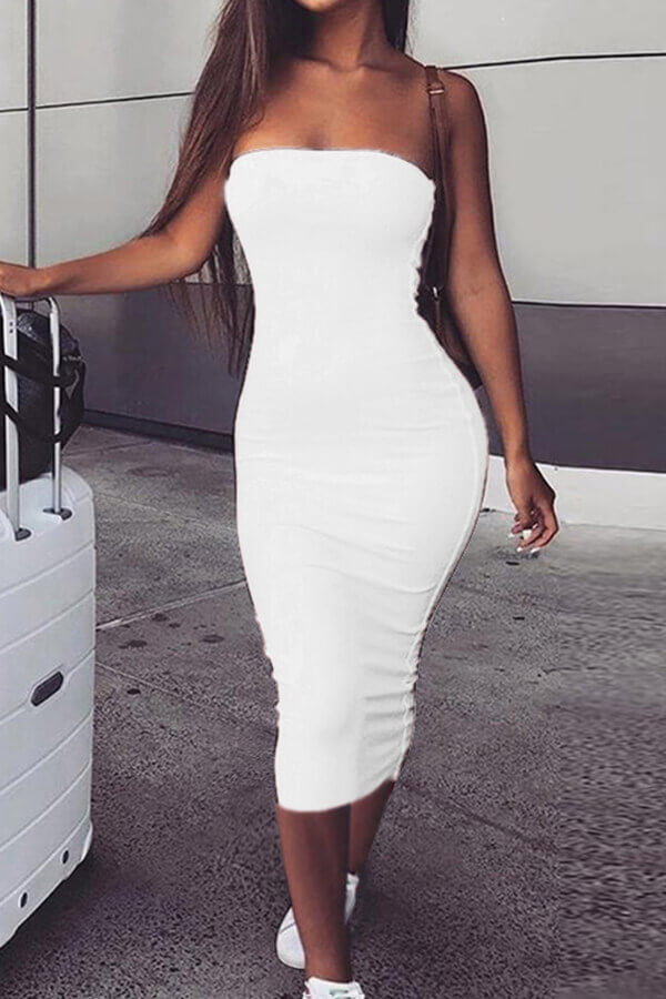 

Lovely Trendy Dew Shoulder White Ankle Length Dress