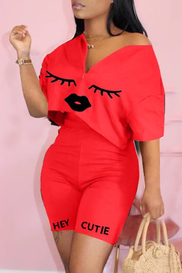 

Lovely Casual Print Red Two-piece Shorts Set