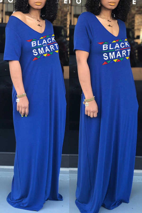 

lovely Casual V Neck Letter Print Blue Maxi Dress