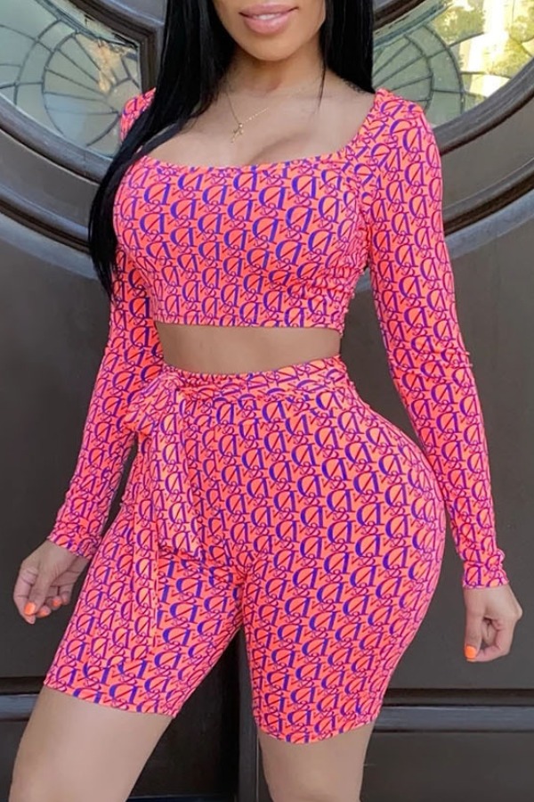 

lovely Stylish Print Red Two-piece Shorts Set