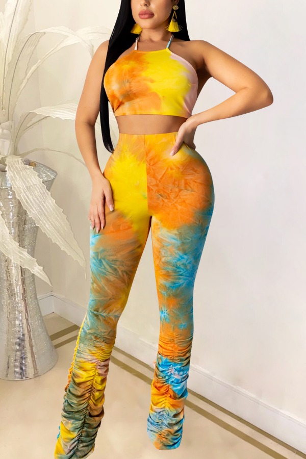 

lovely Sexy Tie-dye Skinny Yellow Two-piece Pants Set