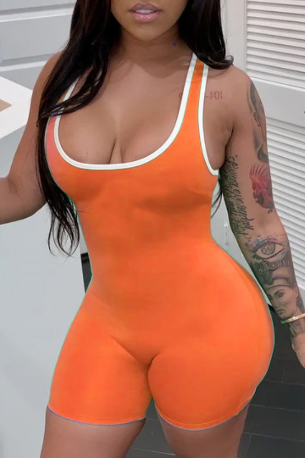 

lovely Casual Patchwork Orange One-piece Romper
