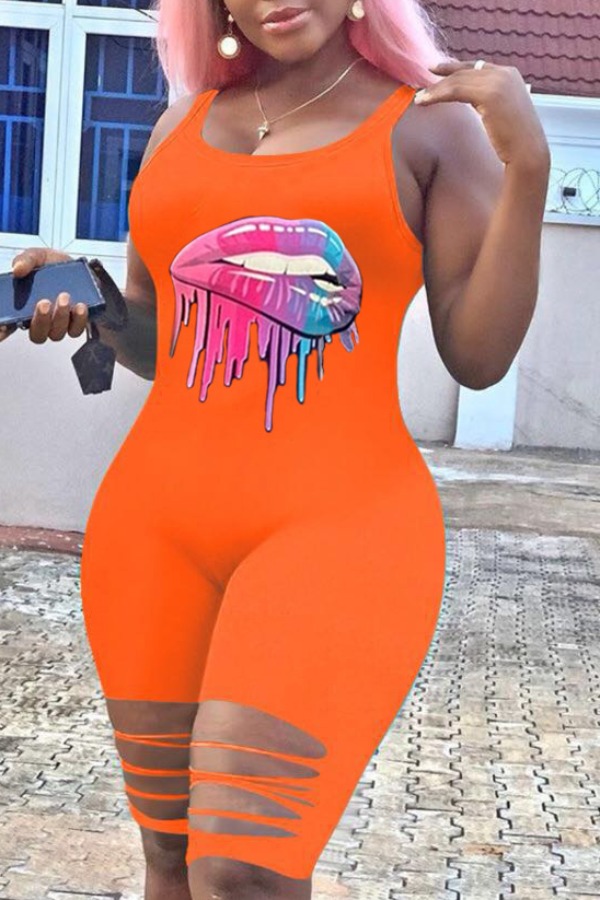 

lovely Trendy Print Hollow-out Orange One-piece Romper