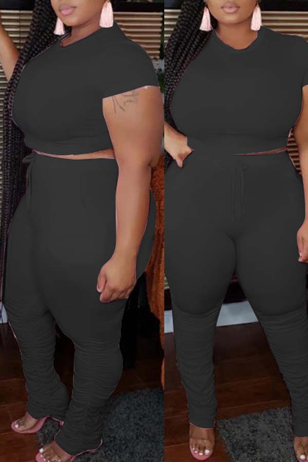 

lovely Casual Basic Black Plus Size Two-piece Pants Set