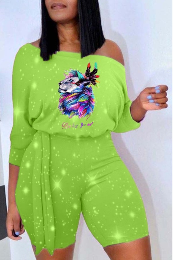 

lovely Leisure Print Green Plus Size Two-piece Shorts Set