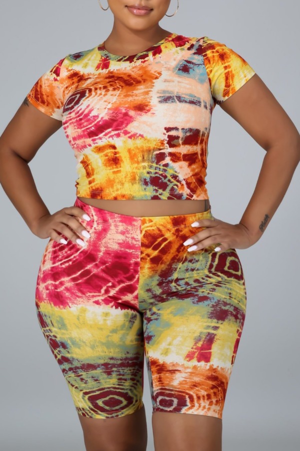 

lovely Stylish Print Multicolor Plus Size Two-piece Shorts Set, Multi