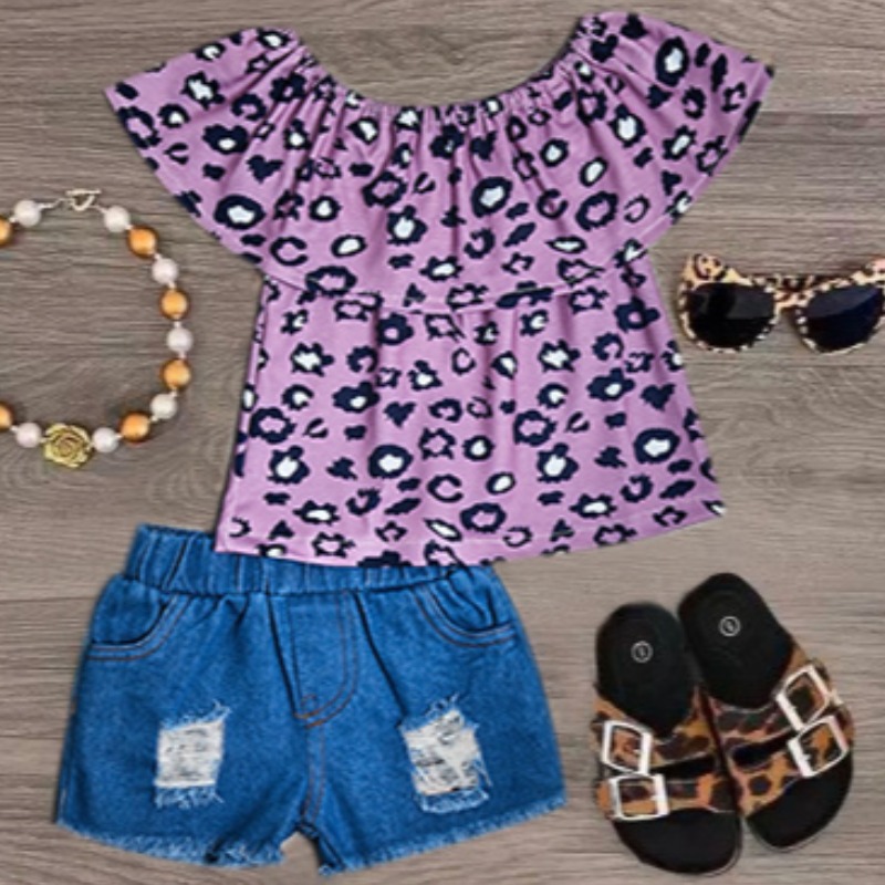 

lovely Stylish Print Purple Girl Two-piece Shorts Set
