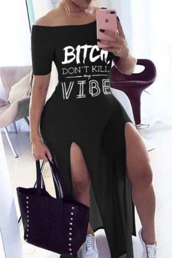 

Lovely Casual Dew Shoulder Letter Print Black Ankle Length Plus Size Dress