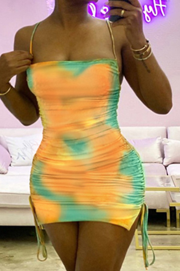 

lovely Sexy Spaghetti Strap Tie-dye Lace-up Yellow Mini Dress