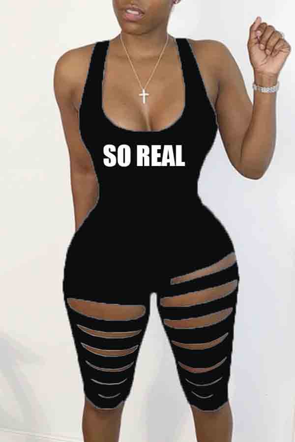 

lovely Casual Letter Print Hollow-out Black One-piece Romper