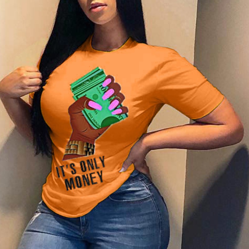 

lovely Leisure O Neck Print Orange Plus Size T-shirt