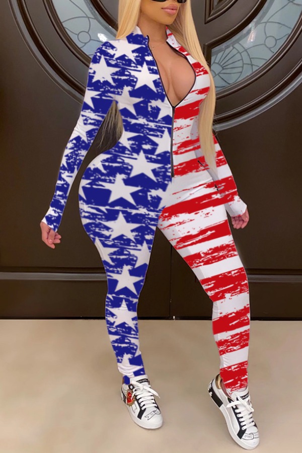 

lovely Independence Day Street Print Red Plus Size One-piece Jumpsuit
