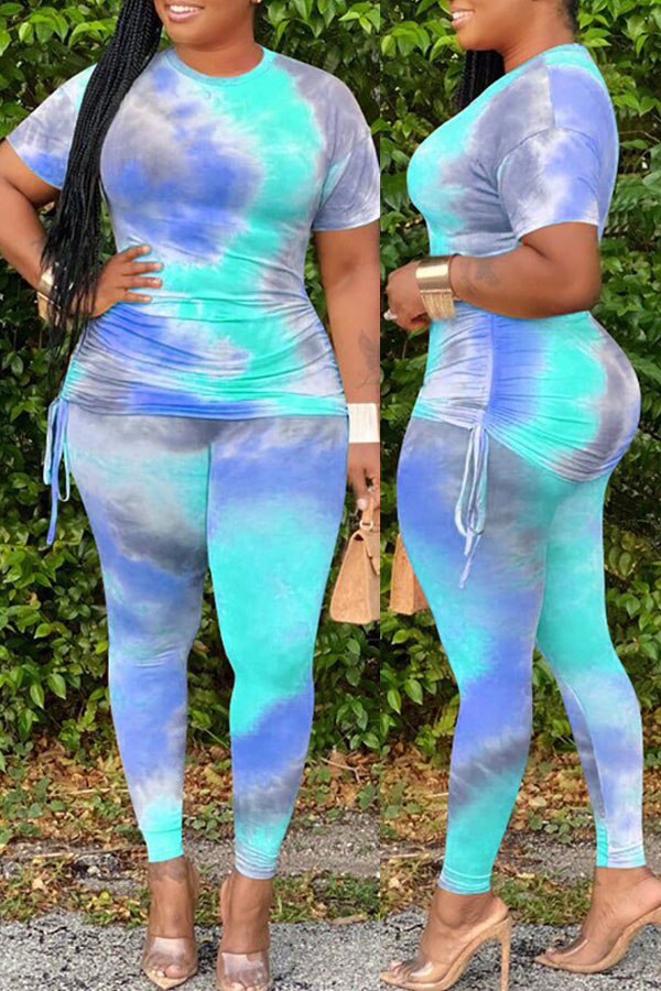 

lovely Casual Tie-dye Blue Plus Size Two-piece Pants Set