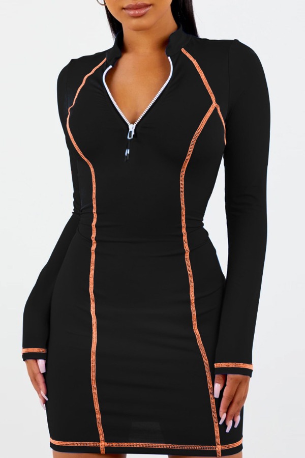 

lovely Sportswear Mandarin Collar Patchwork Zipper Design Black Mini Dress