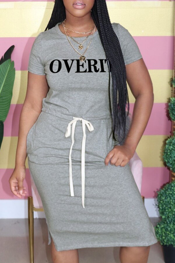 

Lovely Casual Letter Print Grey Knee Length Dress