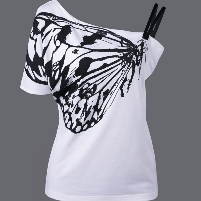 

Lovely Casual One Shoulder Print Whitet T-shirt, White
