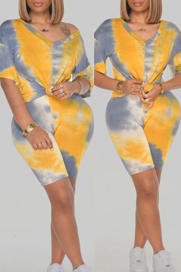 

Lovely Casual Tie-dye Yellow Plus Size Two-piece Shorts Set