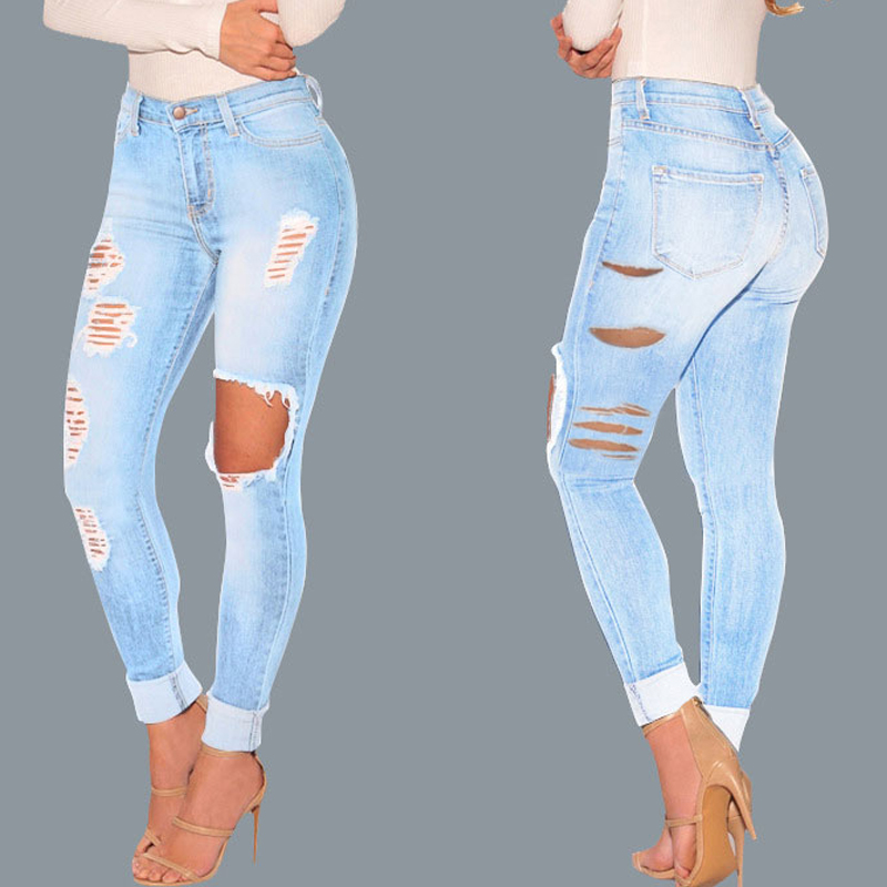 

Lovely Trendy Broken Holes Baby Blue Jeans