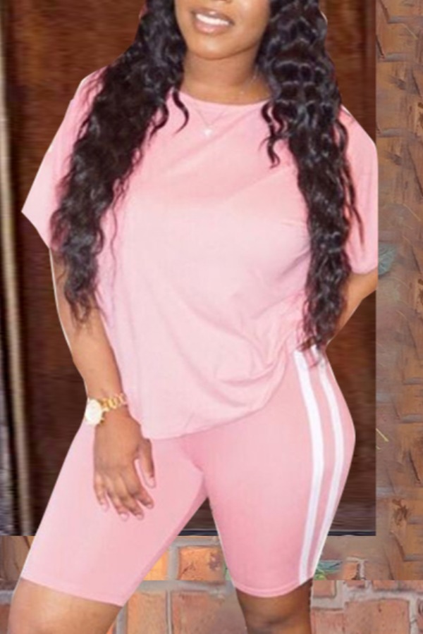 

lovely Sportswear Patchwork Pink Plus Size Two-piece Shorts Set