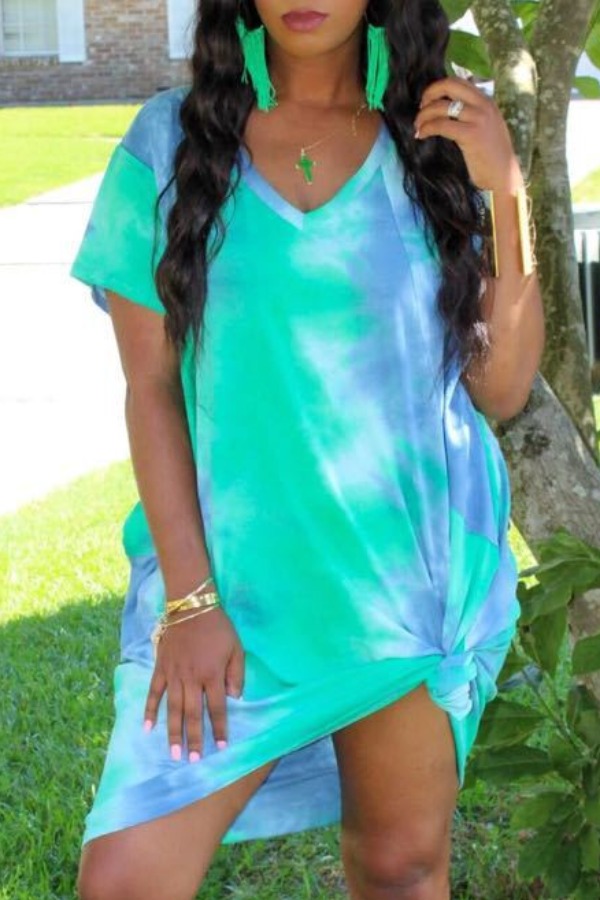 

lovely Casual V Neck Tie-dye Green Knee Length Dress