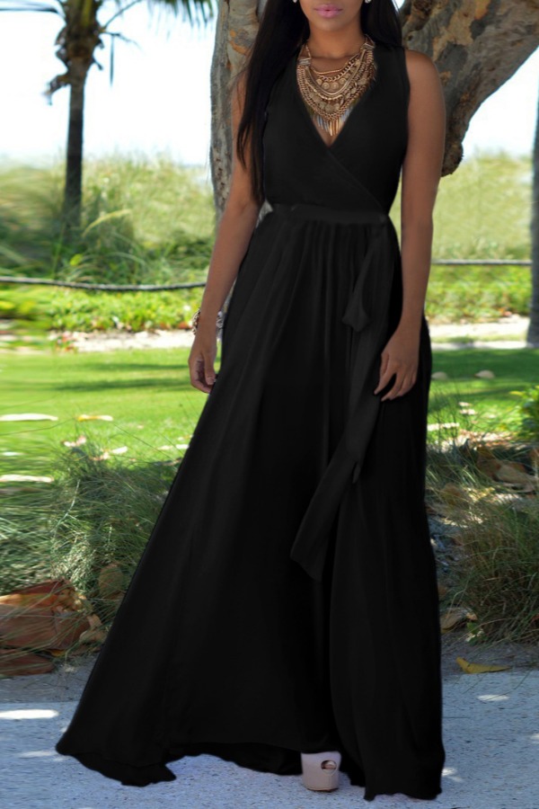 

lovely Bohemian Deep V Neck Loose Black Maxi Dress