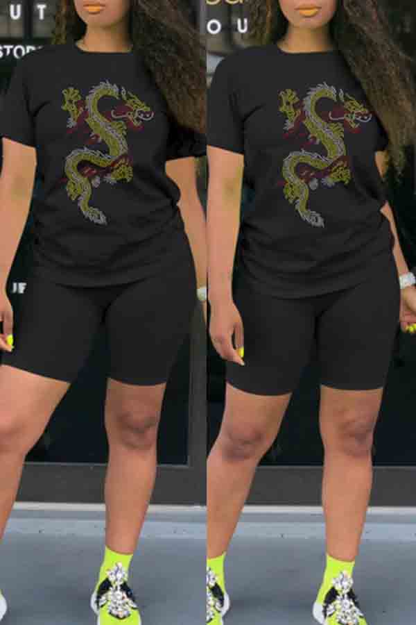 

lovely Casual O Neck Print Black Two-piece Shorts Set